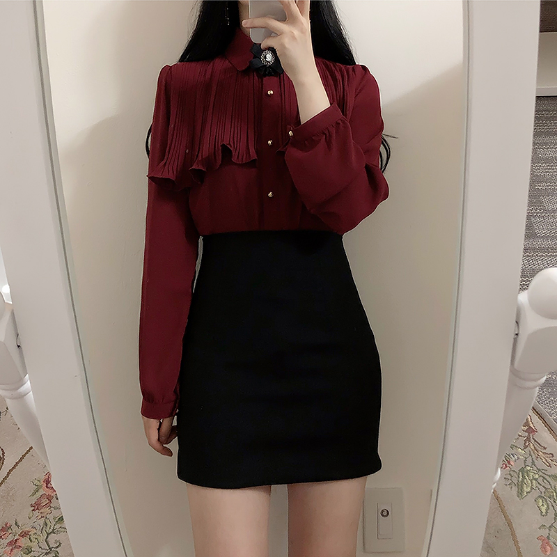 Spring new long sleeve shirt girl's top versatile fashion temperament base shirt bow chiffon shirt