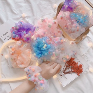 CỘT TÓC SCRUNCHIES HẠT POMPOM VOAN BÓNG[ẢNH THẬT+VIDEO🍑]