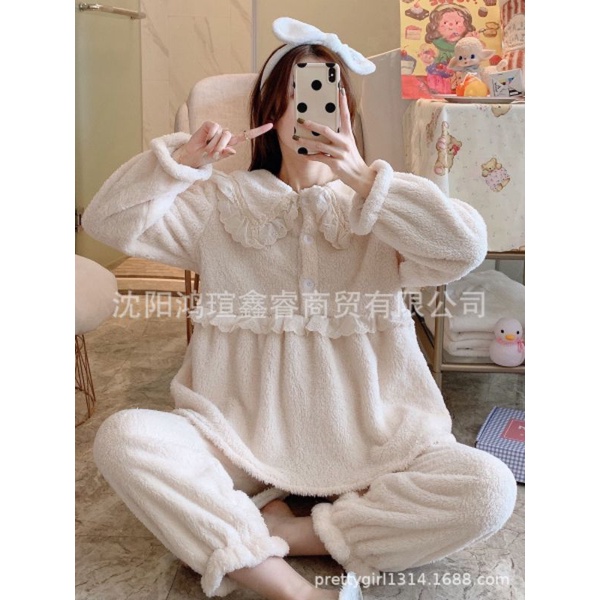 Bộ lông nữ phối cổ bèo, quần viền trắng xinh.Bộ ngủ nữ phối lông mềm, ấm áp.