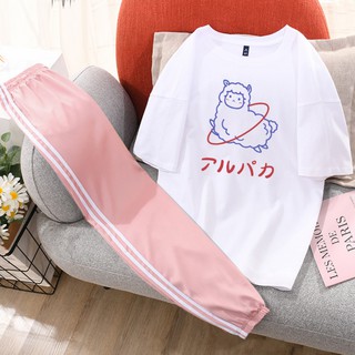 Sét Bộ Quần Áo Nữ Mặc Mùa Hè, Mặc Ở Nhà, Áo Phông Cotton Mát Mịn In Cừu Kèm Quần Thun Sọc Bo Gấu Phong Cách Hàn Quốc