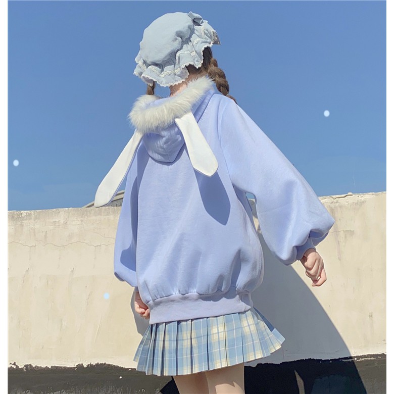 Áo hoodie mặc ấm tay dài nữ cực dễ thương cute túi có tai thỏ nón lông ulzzang ( 2 màu )