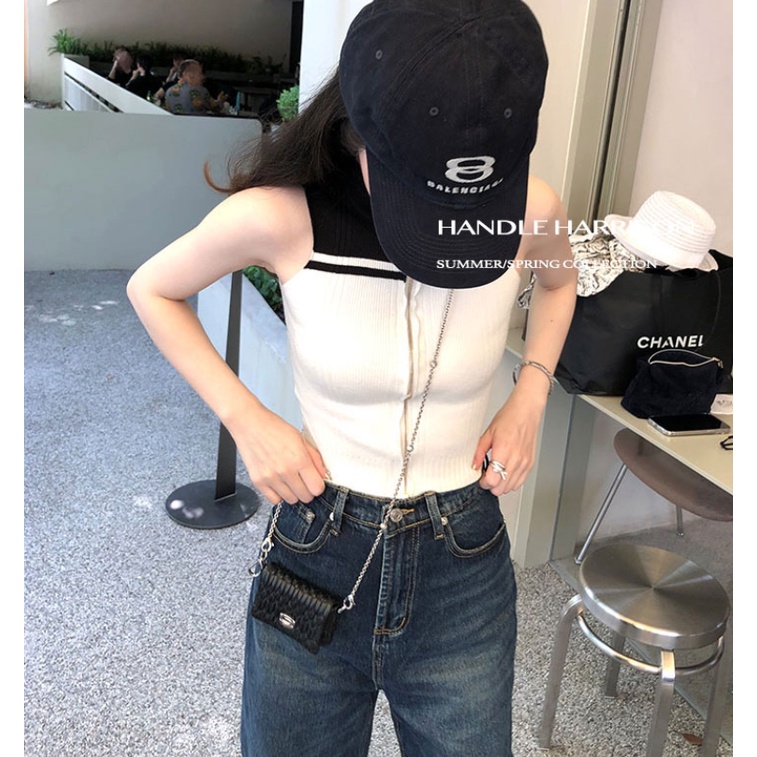 Áo Croptop Dệt Kim Sát Nách Phối Khóa Kéo Màu Sắc Thời Trang Mùa Hè Cho Nữ