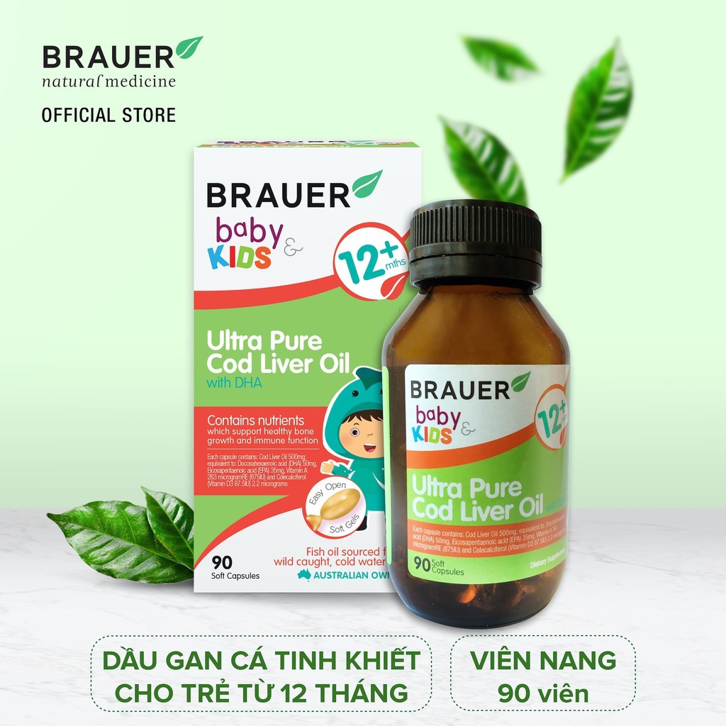 Dầu gan cá tuyết siêu tinh khiết kết hợp DHA Brauer cho bé trên 1 tuổi (90 viên)