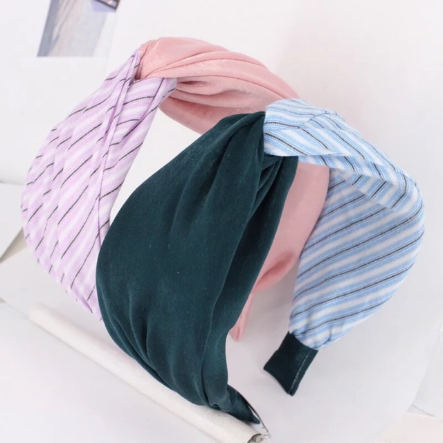 Băng đô turban phối vải và sọc/caro nhuyễn thanh lịch phong cách Hàn Quốc