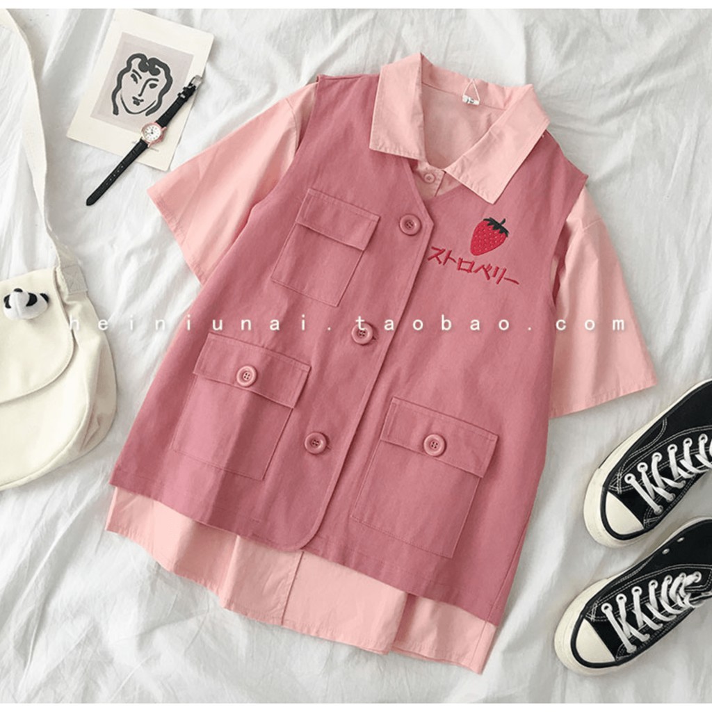 Áo Gile Dâu Tây Áo Khoác Ngoài Phối Màu Phong Cách Dễ Thương Học Sinh