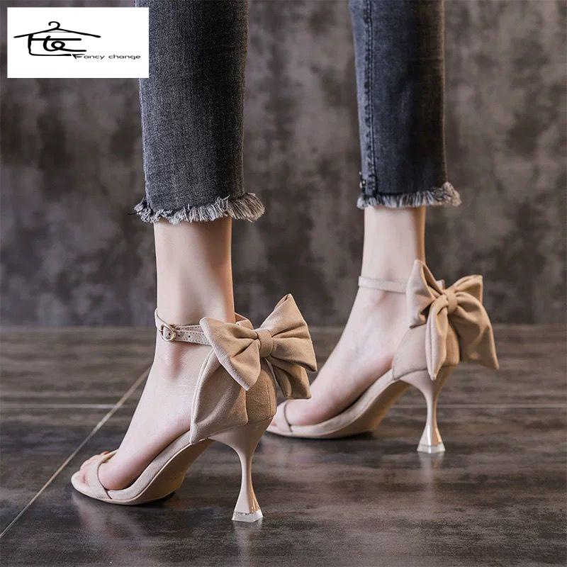 Giày Sandal Cao Gót Hở Ngón Đính Nơ Phong Cách Hàn Quốc Quyến Rũ