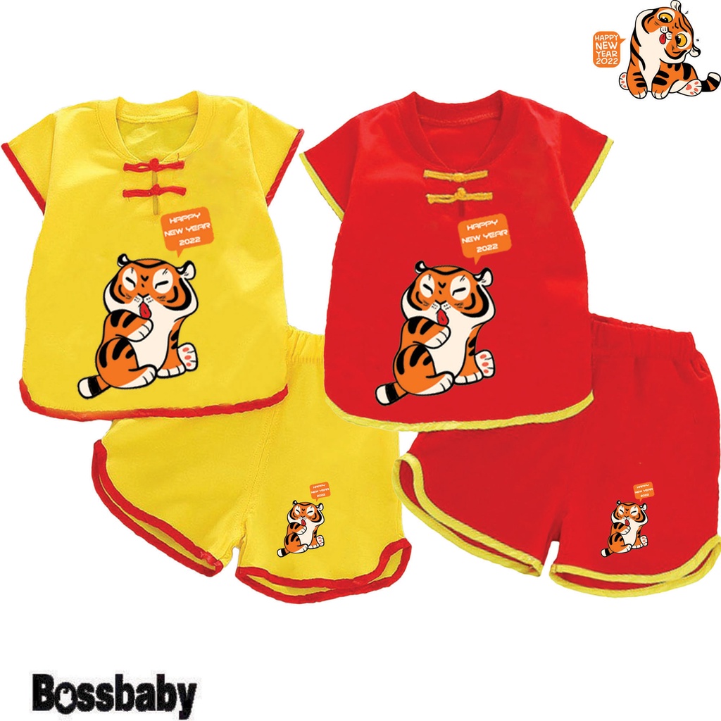 Combo 2 Bộ quần áo tết hinh con hổ HAPPY NEW YEAR 2022 cho bé nút tàu tết bé từ 6kg-29kg.NT06.
