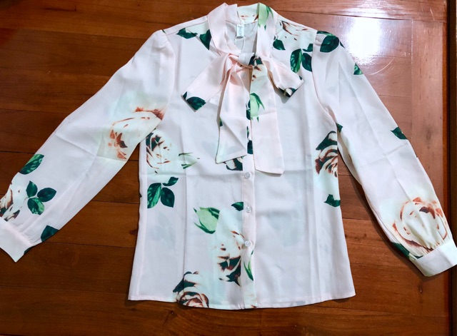 Áo sơ mi công sở nữ hoa hồng cổ nơ