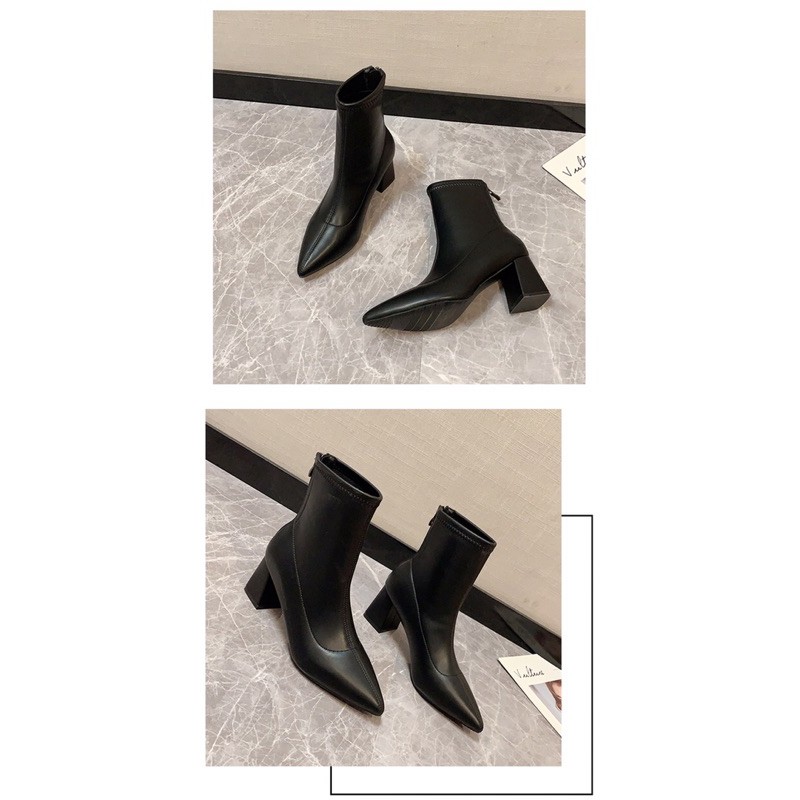 [Sẵn đen 37] Boots cổ ngắn mũi nhọn ulzzang gót vuông cao 6cm | BigBuy360 - bigbuy360.vn