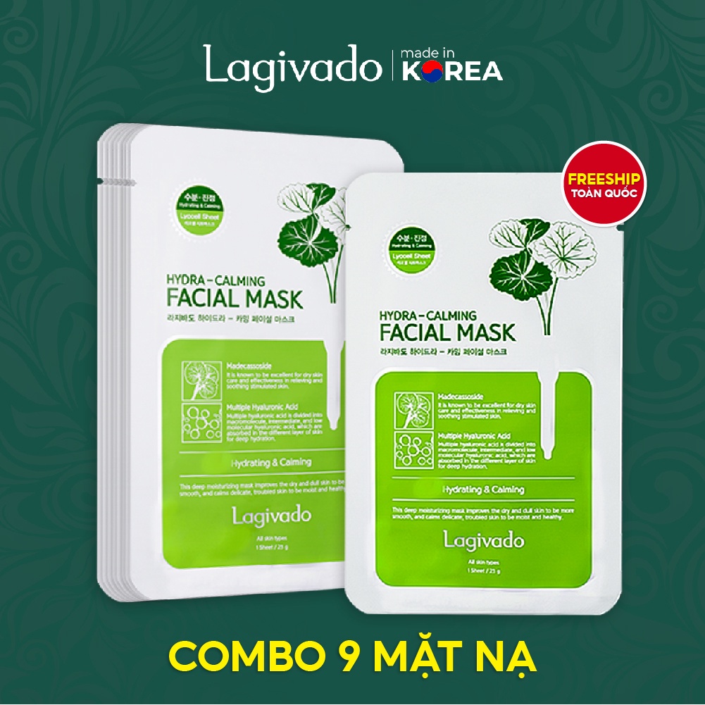 Combo 9 mặt nạ dưỡng da giảm dầu và mụn rau má Hàn Quốc Lagivado Facial Mask dạng giấy 23g/miếng