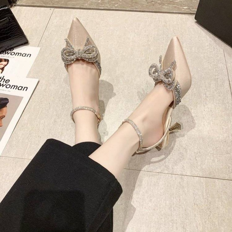 Women's Rhinestone Bow Half Slippers2021New High Heel Women's Shoes Stiletto Heel Fashion Closed Toe Sandals Summer