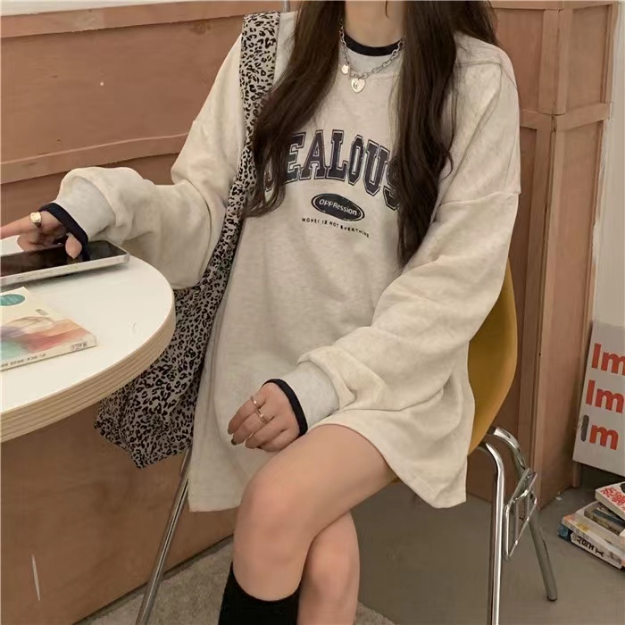 ZHELIHANGFEI Áo Thun Tay Dài Họa Tiết In Theo Phong Cách Retro Mỹ Dễ Phối Đồ