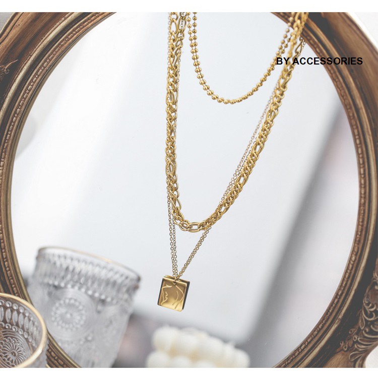 Set dây chuyền titan 3 tầng xích và mặt vuông lady không gỉ