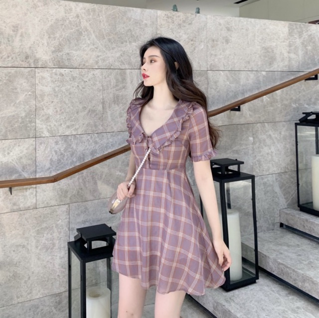 D16 - ĐẦM BIGSIZE CARO DÁNG XÒE CỔ SEN