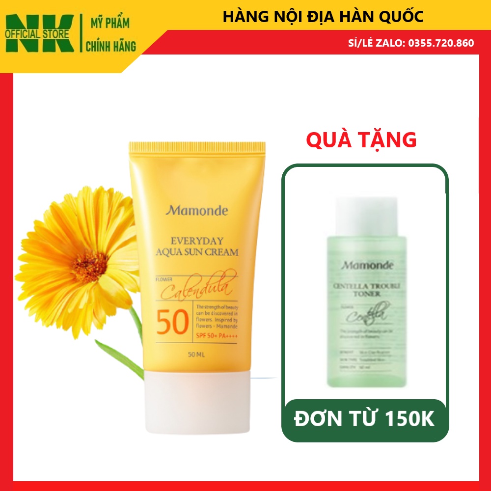 Kem Chống Nắng Mamonde Everyday Aqua Sun Cream SPF 50+ PA++++ 50ml Chính Hãng- Cho Mọi Loại Da
