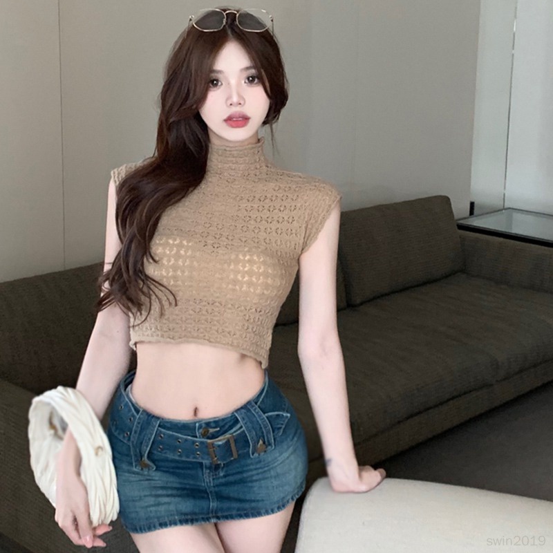 Áo Croptop Hai Dây Cổ Lọ Màu Sắc Đơn Giản Cho Nữ