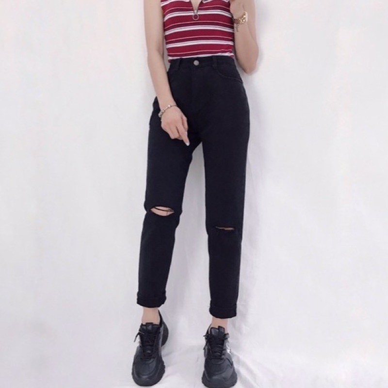 Baggy Jean Rách Gối Đen/Đậm/Nhạt - Lưng Cao Trên Rốn, Form Chuẩn