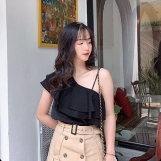 Áo croptop trễ vai viền bèo xếp tầng tiểu thư - by SugarG
