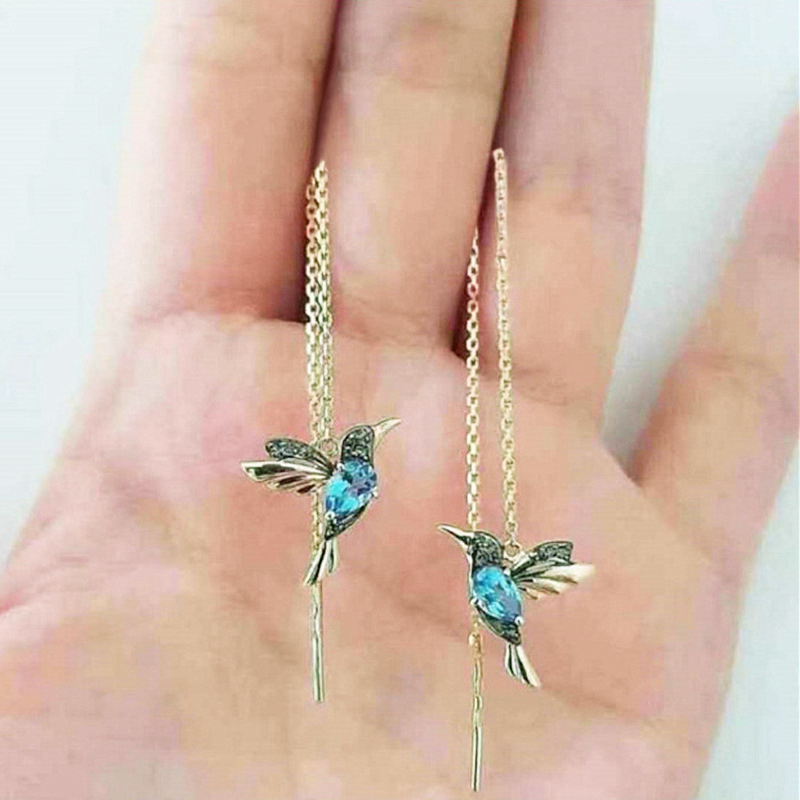 Bông tai dáng dài hình chú chim phối tua rua thời trang