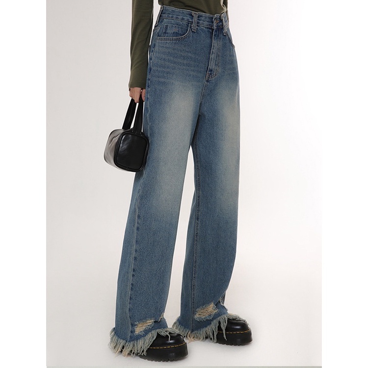 Quần jean nữ ZHELIHANGFEI ống rộng cạp cao thiết kế rách cá tính