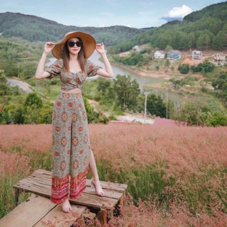 Set thổ cẩm áo cột nơ quần ống rộng