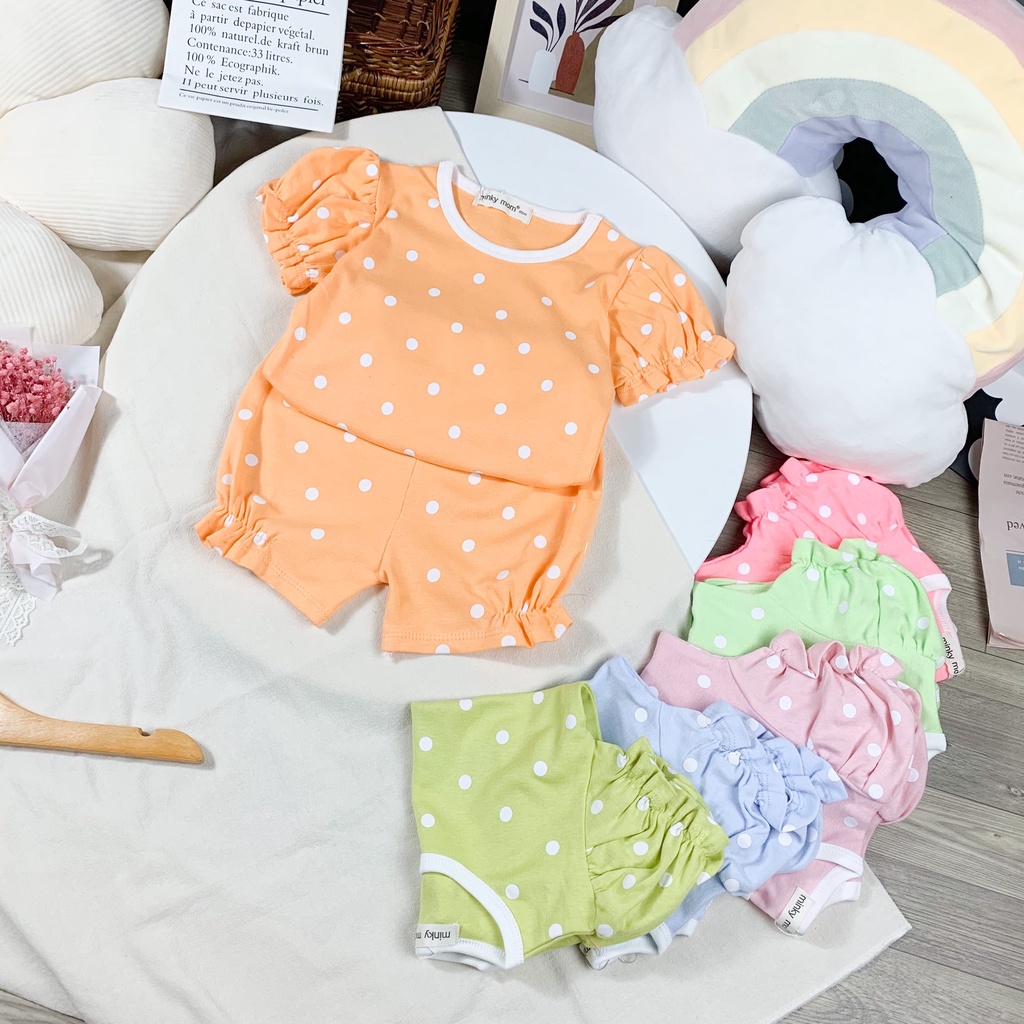 [SALE] Bộ Quần Áo Bé Gái Minky Mom Vải Cotton Borip Hoạ Tiết Chấm Bi Bèo Nhún, Bộ Cộc Tay Cho Bé Mặc Nhà MKM2242