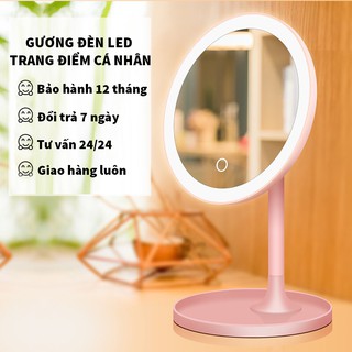 Gương Trang Điểm Có Đèn Led Cảm Ứng 3 Chế Độ Ánh Sáng Hàng Japan- Gương MakeUp Tròn Hai Màu Trắng Và Hồng Phấn