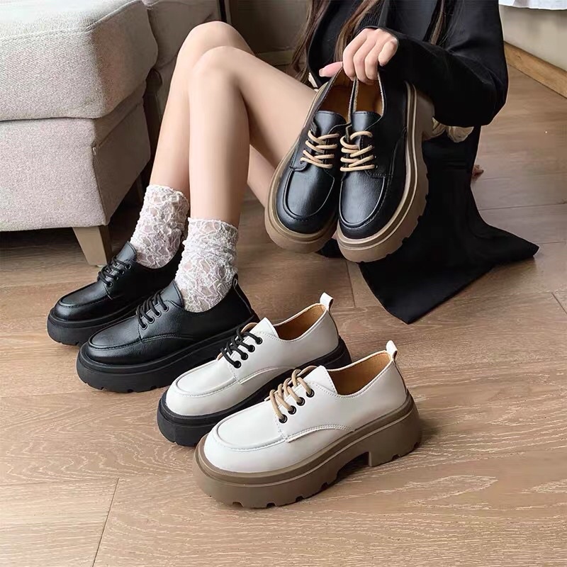 Giày Bốt nữ cổ thấp buộc dây Oxford đế Nâu Cao Cấp