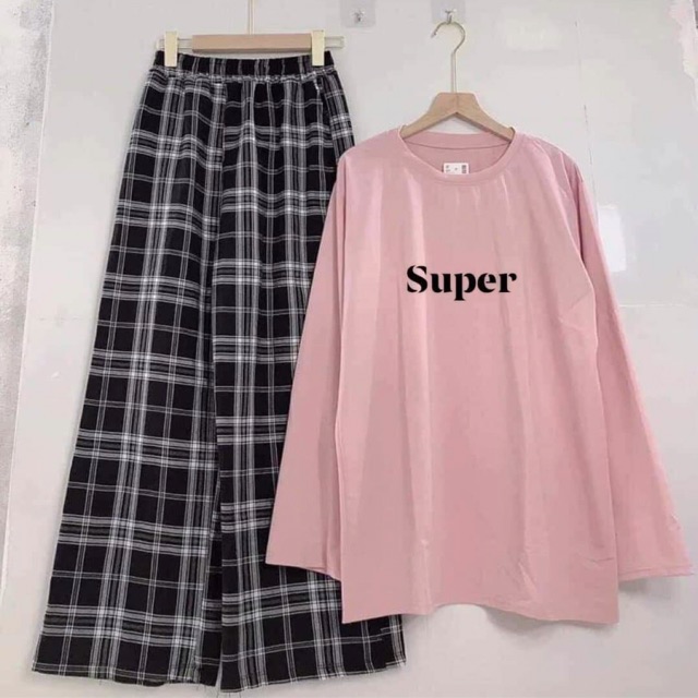 Set áo thun suông dài tay + quần kẻ caro suông rộng supper
