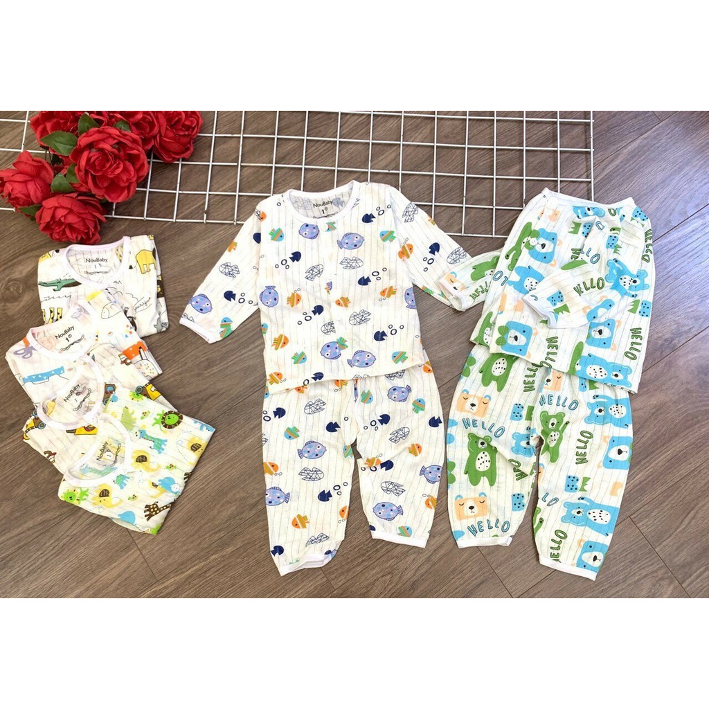 Bộ cotton giấy dài tay Bepika cúc giữa, cúc vai chất liệu cotton cho bé từ 3-14kg