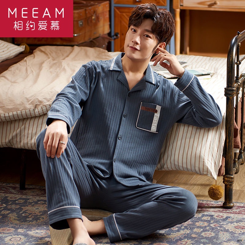 Bộ đồ ngủ pijama cotton tay dài thời trang xuân thu cho đàn ông trung niên