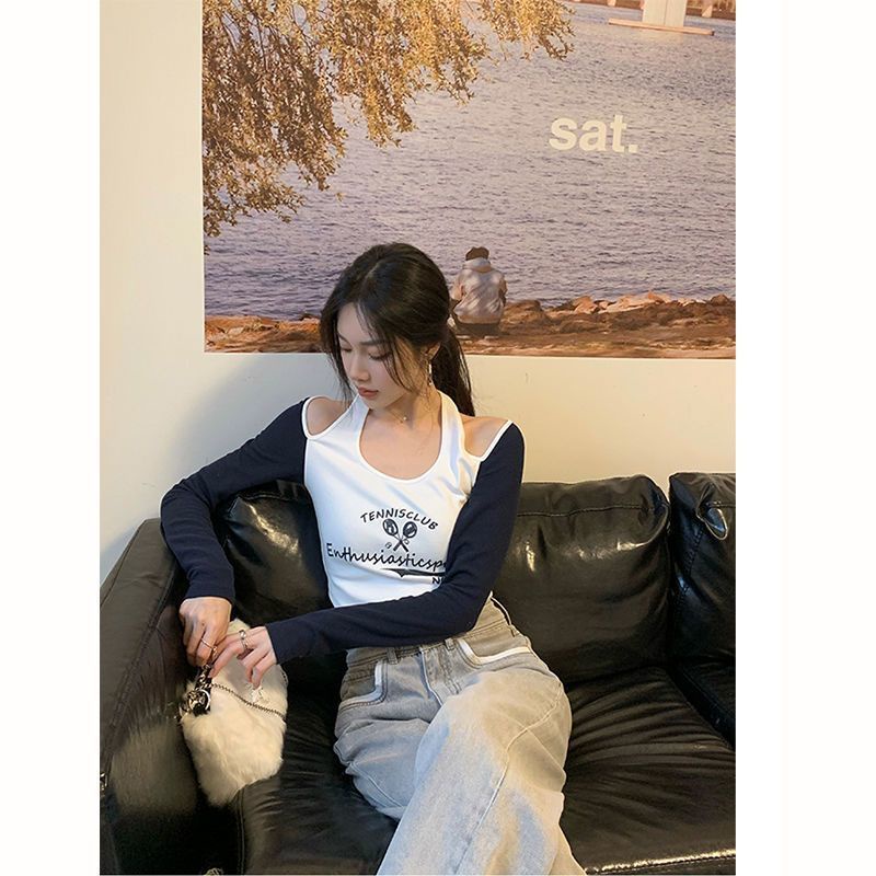 Áo Croptop Trễ Vai Tay Dài In Họa Tiết Màu Tương Phản Thời Trang Cho Nữ COZOK