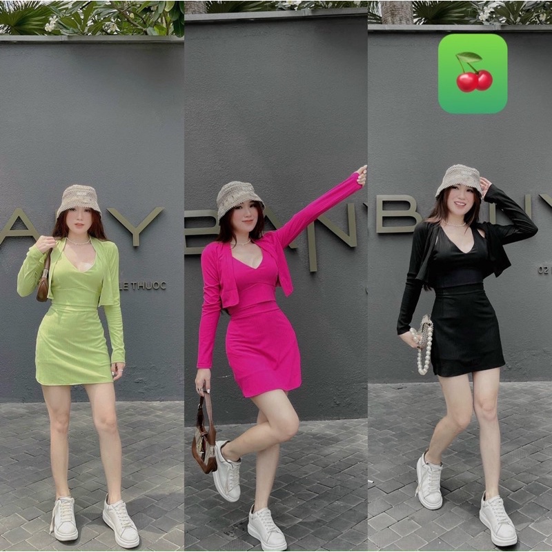 Sét bộ 3 món chất gân co giãn gồm áo khoác nhí xinh, chân váy chữ A kèm áo croptop cổ yếm xinh  Ng alohashop91