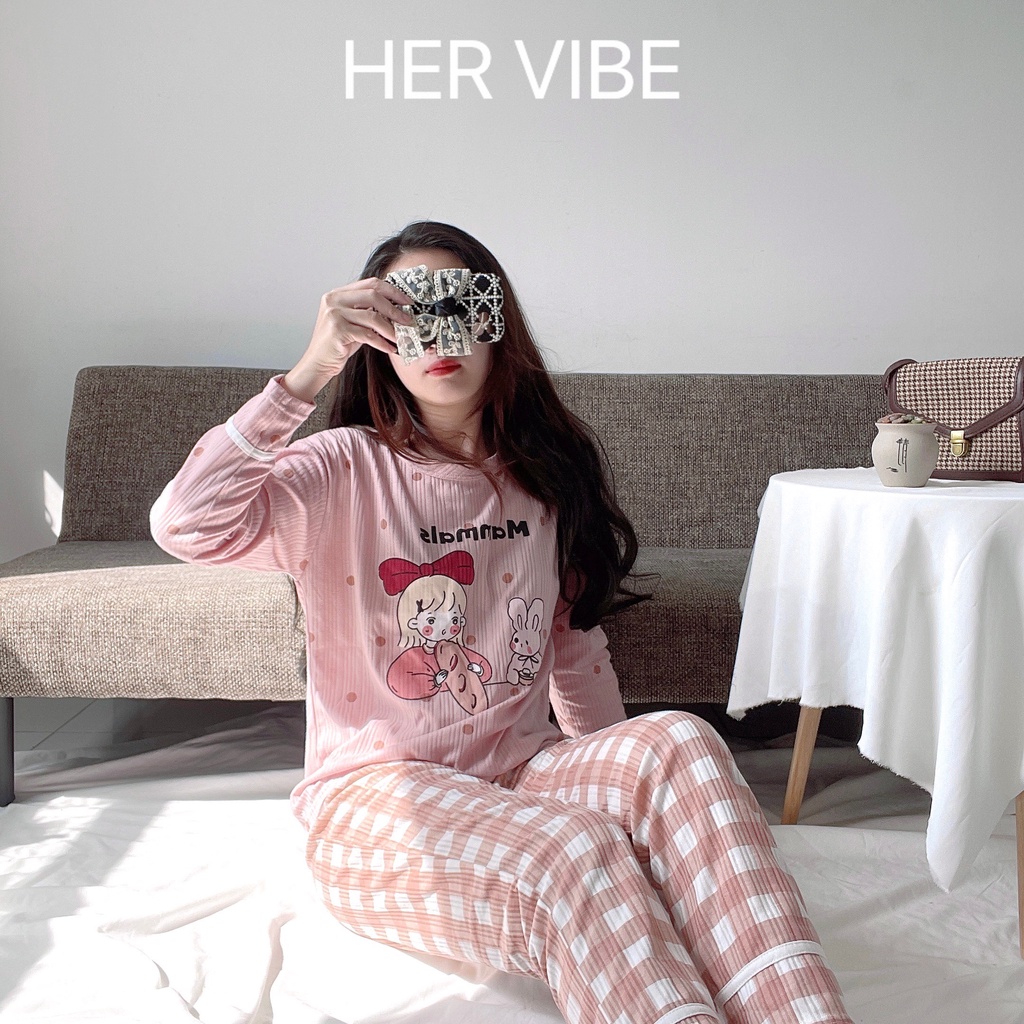 Pijama nữ dài tay thu đông mềm mại, Đồ bộ nữ mặc nhà dễ thương mềm mại nhiều màu Her Vibe | BigBuy360 - bigbuy360.vn
