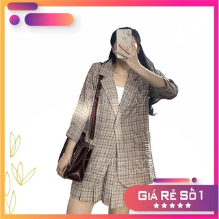 Set blazer nữ kẻ caro phong cách Hàn Quốc - set áo mix quần giả váy xếp ly
