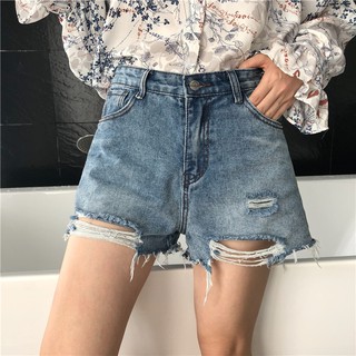 |Có Sẵn|Quần Short Bò Rách Ulzzang Quần Cộc Jean Denim Xanh Rách Dáng Hàn Quốc