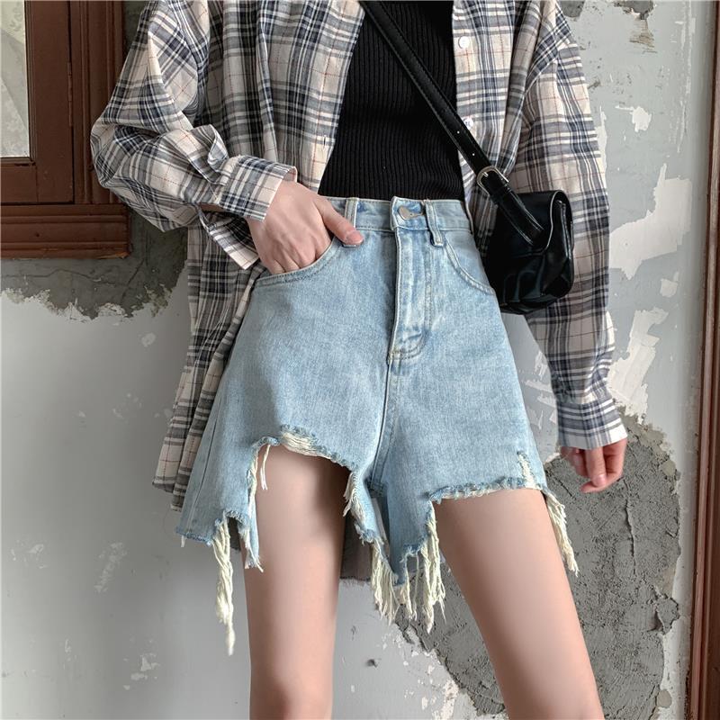 Quần đùi denim ống rộng lưng cao thời trang độc đáo dành cho nữ