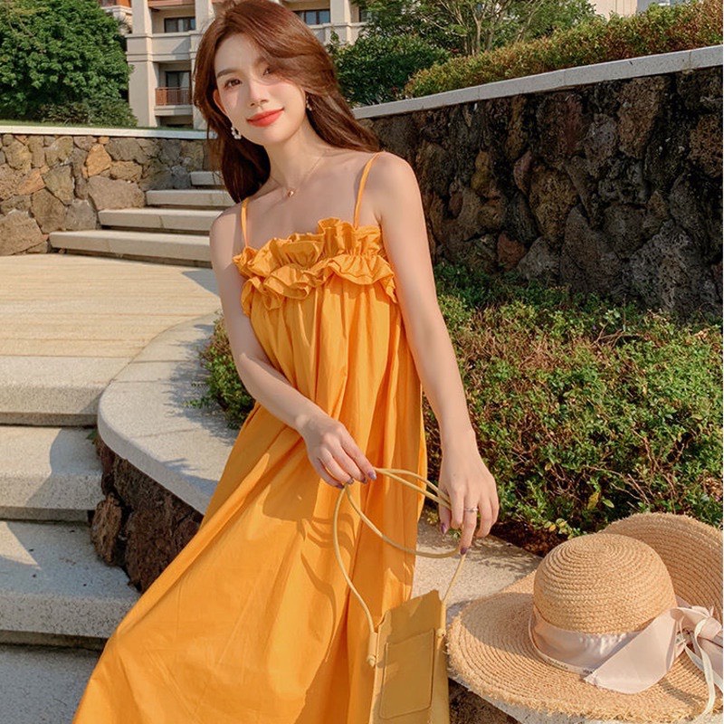 váy đi biển 2 dây bèo ngực, đầm maxi 2 dây dáng dài màu cam form rộng mặc xinh xắn | BigBuy360 - bigbuy360.vn