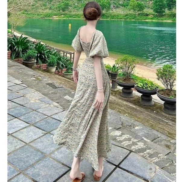 Đầm Midi Dự Tiệc,đầm Váy Hoa Xẻ Tà Dáng Dài Qua Gối Thiết Kế Cổ Vuông Tay Phồng Tiểu Thư Chảnh Thời Trang Xm Minh Phúc