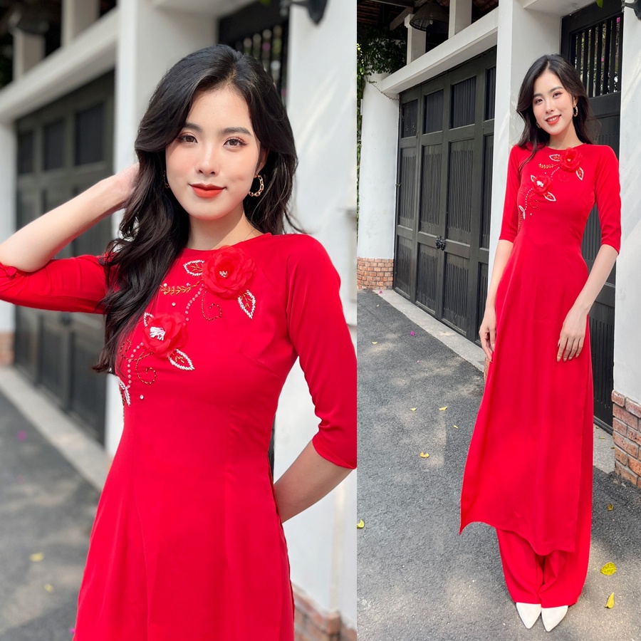 Áo dài kết đá pha lê gắn hoa-AD08