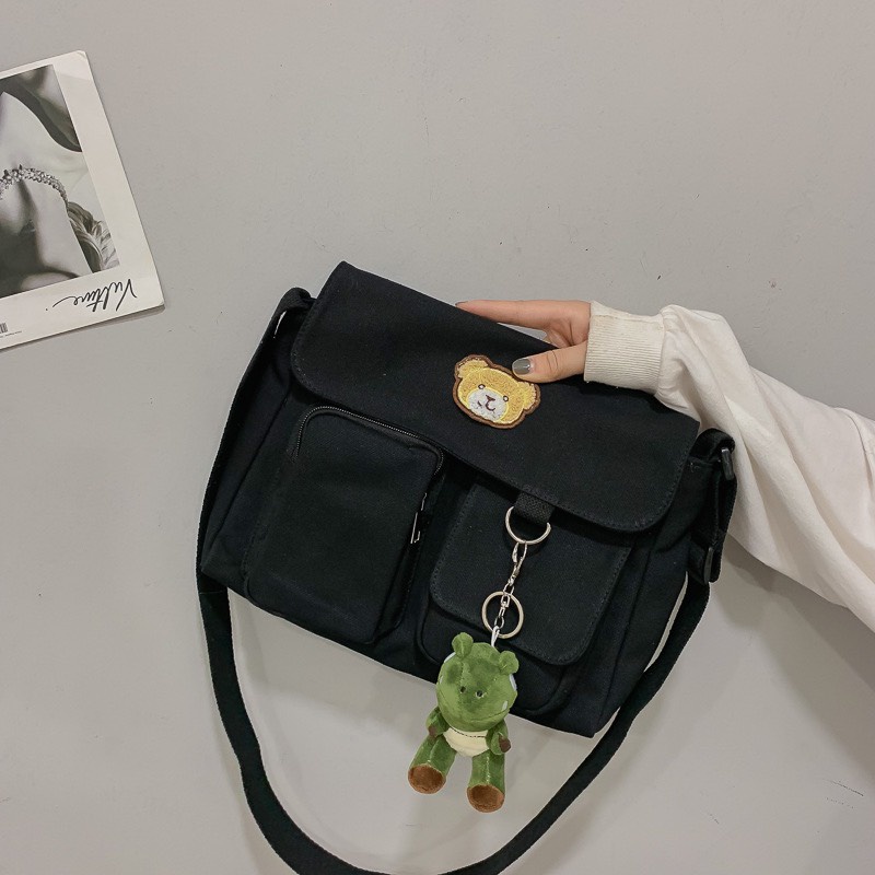 Túi đeo chéo HAZIN vải canvas thêu Gấu cao cấp đi học đi chơi đựng vừa khổ a4 phong cách unisex phù hợp cả nam và nữ