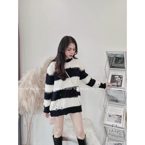 Áo len nữ, len loang kẻ ngang dáng len dài chùm mông