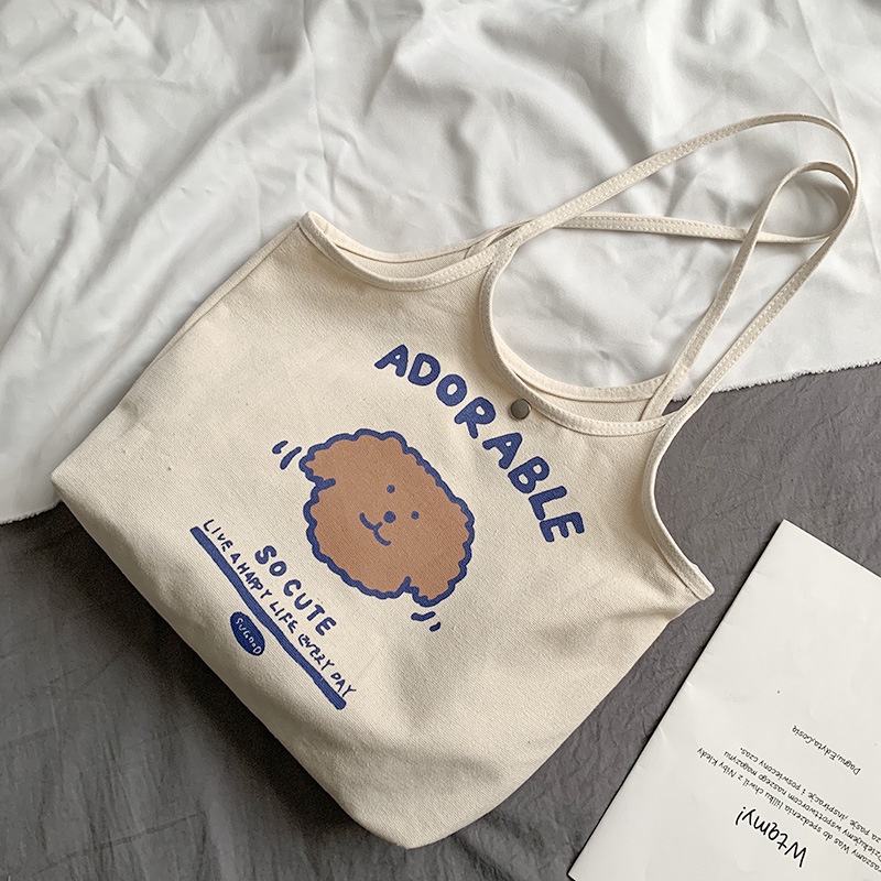 Túi đeo vai bằng vải canvas mềm in họa tiết hoạt hình dễ thương cho nữ