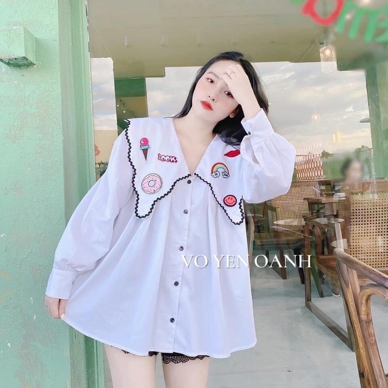 Áo sơ mi nữ bánh bèo cổ thêu họa tiết hoa