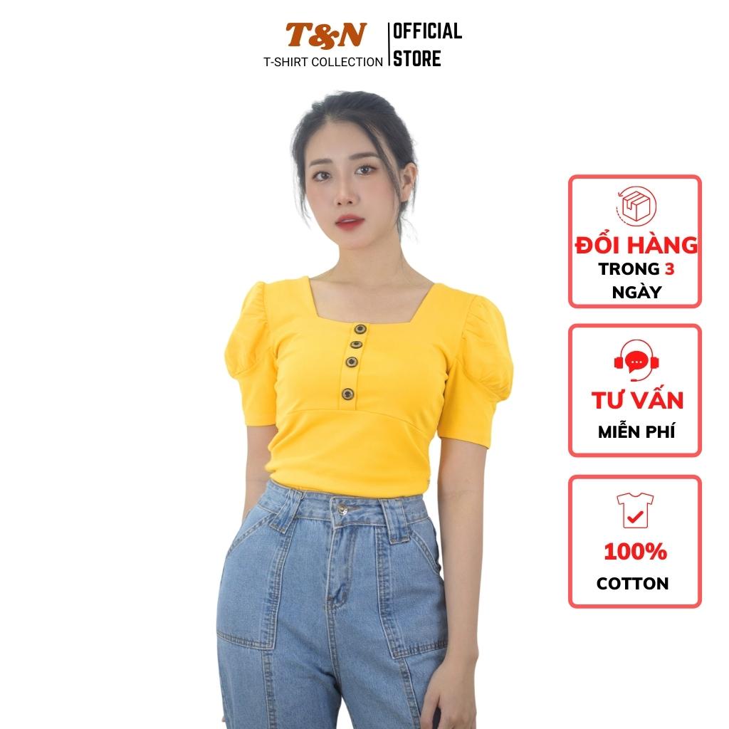Áo thun borip nữ cổ vuông tay phồng có đính nút trước ngực T&amp;N TSHIRT COLLECTION, chất borip cotton 100%, ôm body A02363
