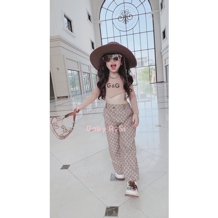 Sét áo yếm tay đai kèm quần ống rộng GG cho bé gái