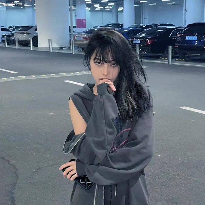 Áo hoodie dáng rộng phối khóa kéo đính đá thời trang xuân thu dành cho nữ