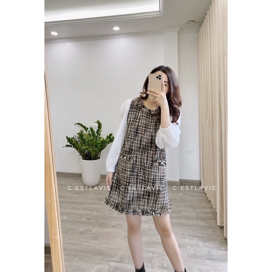 Váy tweed tay pha sơmi chất dày dặn cao cấp