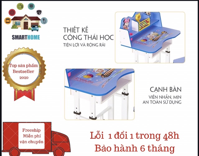 Bàn ghế học sinh,bàn ghế thông minh tùy chỉnh cao thấp cho bé,có đồng hồ,giá sách và bàn tính. | BigBuy360 - bigbuy360.vn