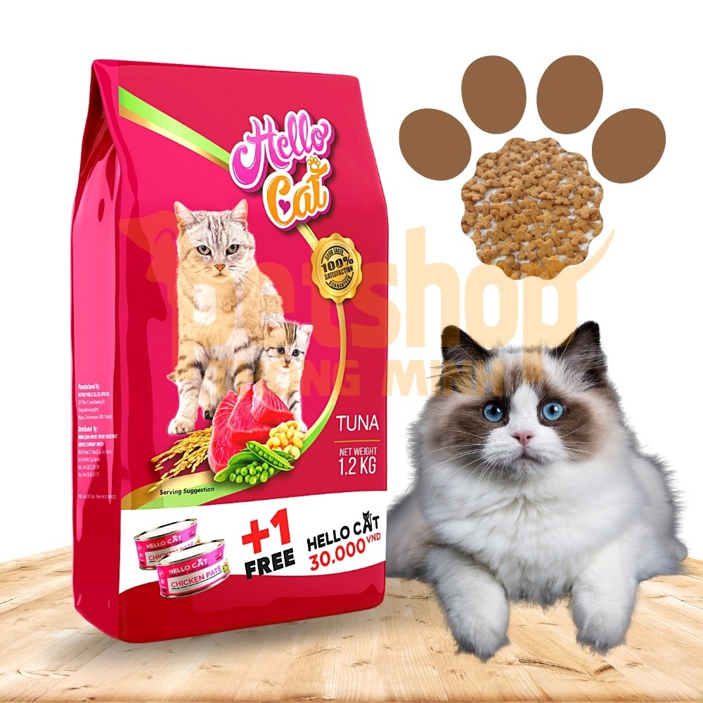 [ MUA 1 TẶNG 1 ] Thức Ăn Cho Mèo Mọi Lứa Tuổi Vị Cá Ngừ Hello Cat Tuna 1,2KG TẶNG Lon Pate Mùi Ngẫu Nhiên 190G